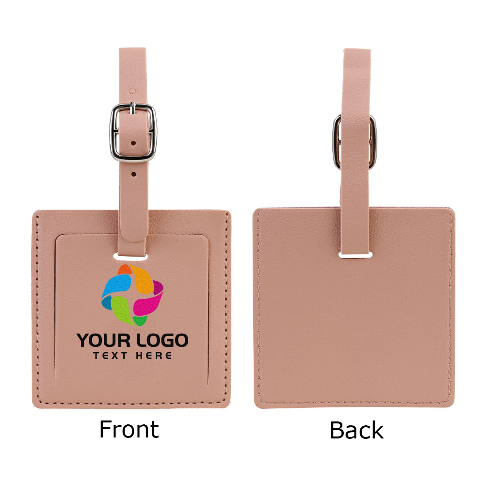 PU Leather Square Luggage Tag Pink with Logo