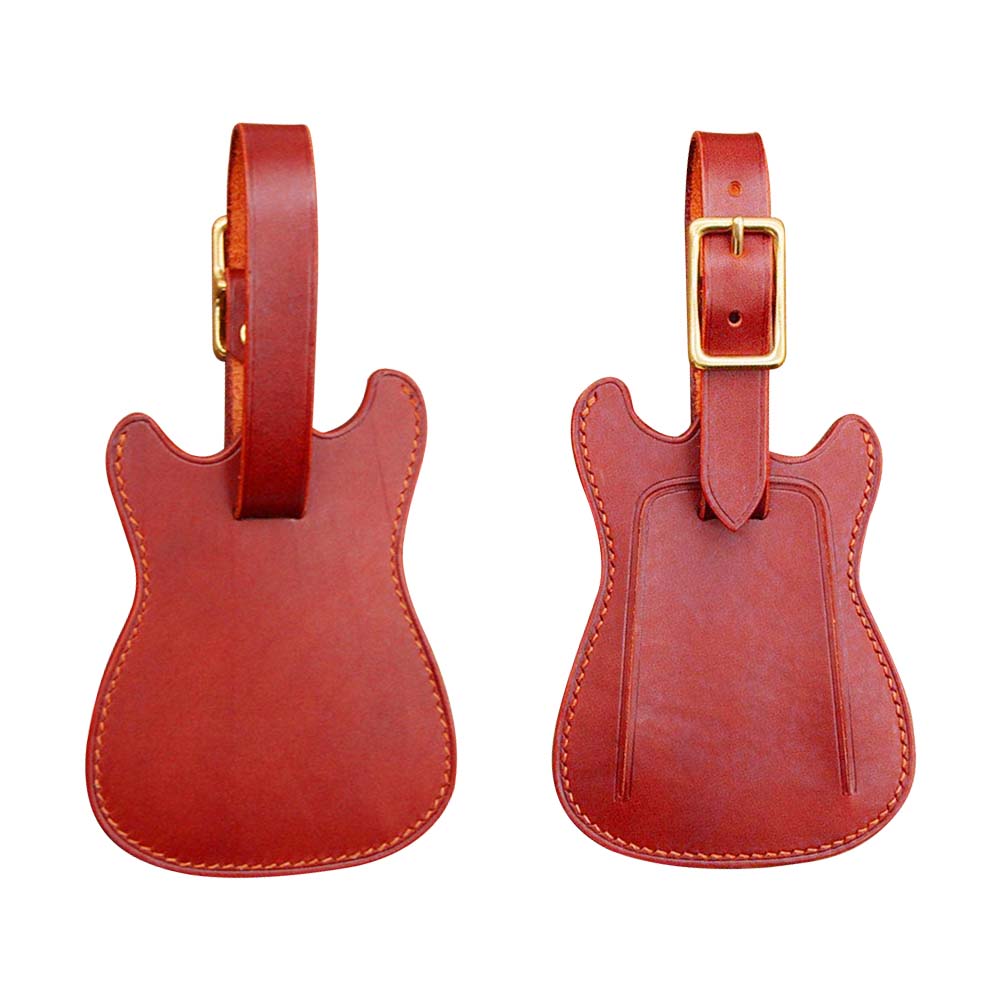 Red Genuine Leather Guitar Luggage Tags Front and Back