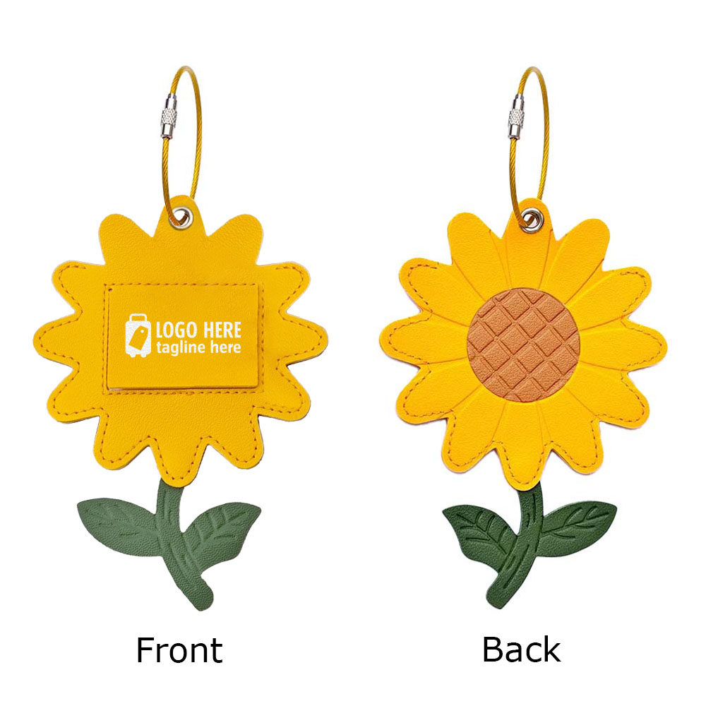 Bagagelabel van koeienhuid met zonnebloemmotief en logo aan twee kanten