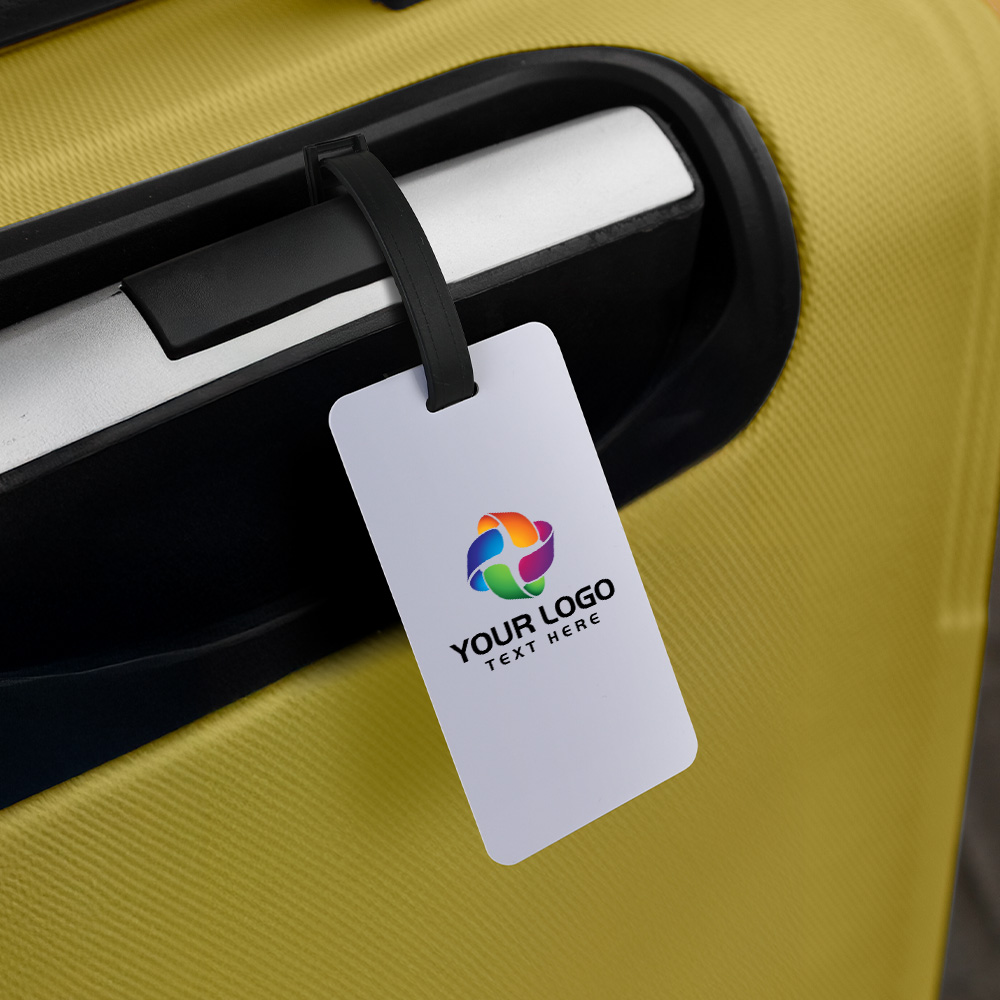 Lifestyle shot of Full Color Plastic Luggage Tags With PVC Strap