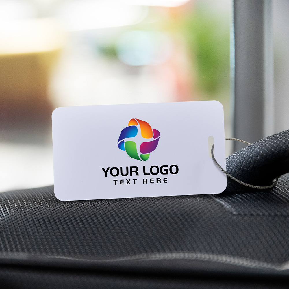 Lifestyle shot of Full Color Plastic Luggage Tags with Cable Loops