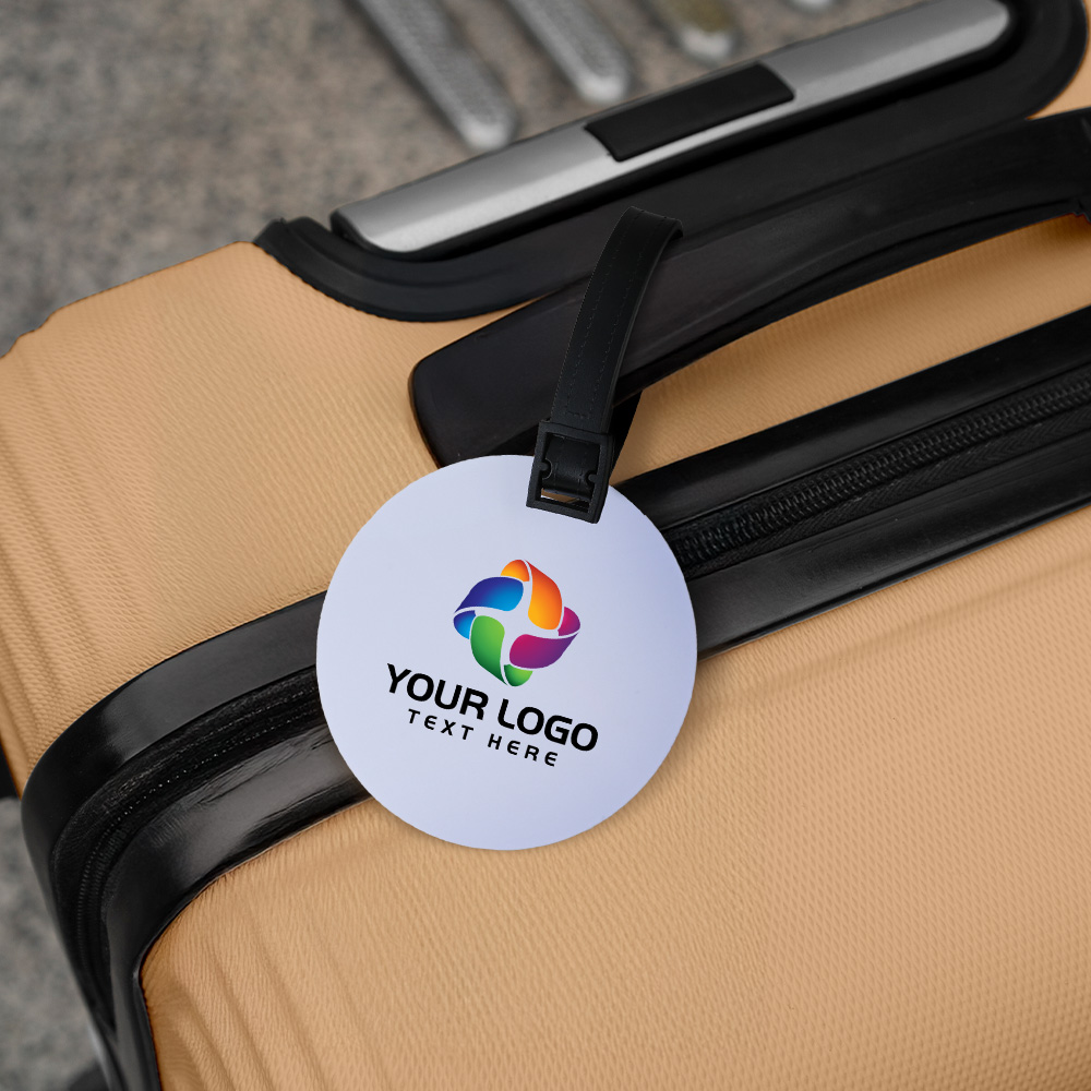 Lifestyle shot of Full Color Round Plastic Luggage Tags With PVC Strap