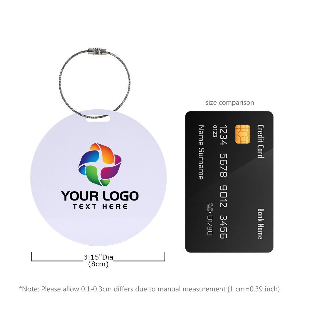 Scale shot of Full Color Round Plastic Luggage Tags With Cable Loops