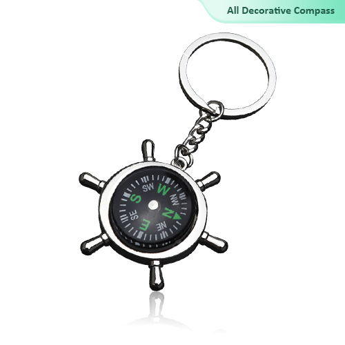 Customizable Silver Metal Boat Wheel Shape Keychain with Compass