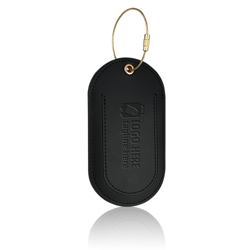 Black Flip PU Leather Travel Tag with Metal Ring