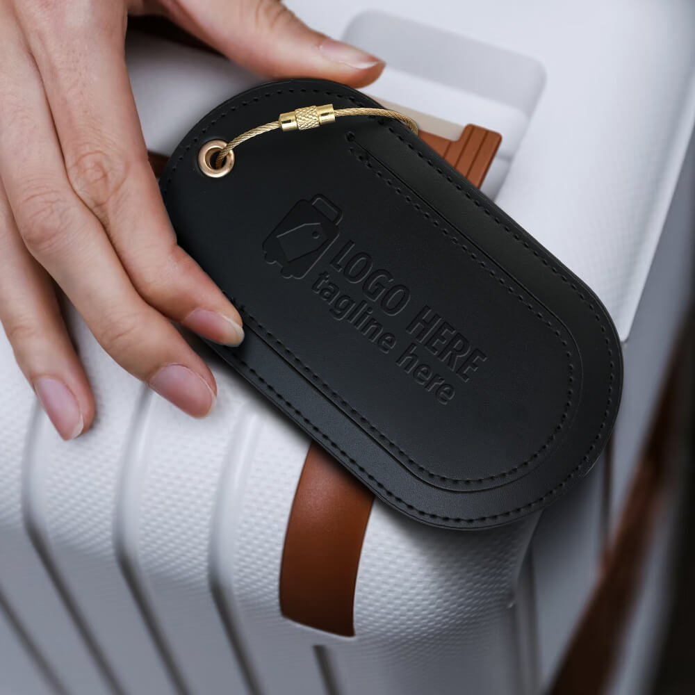 Lifestyle shot of Black Flip PU Leather Travel Tag with Metal Ring