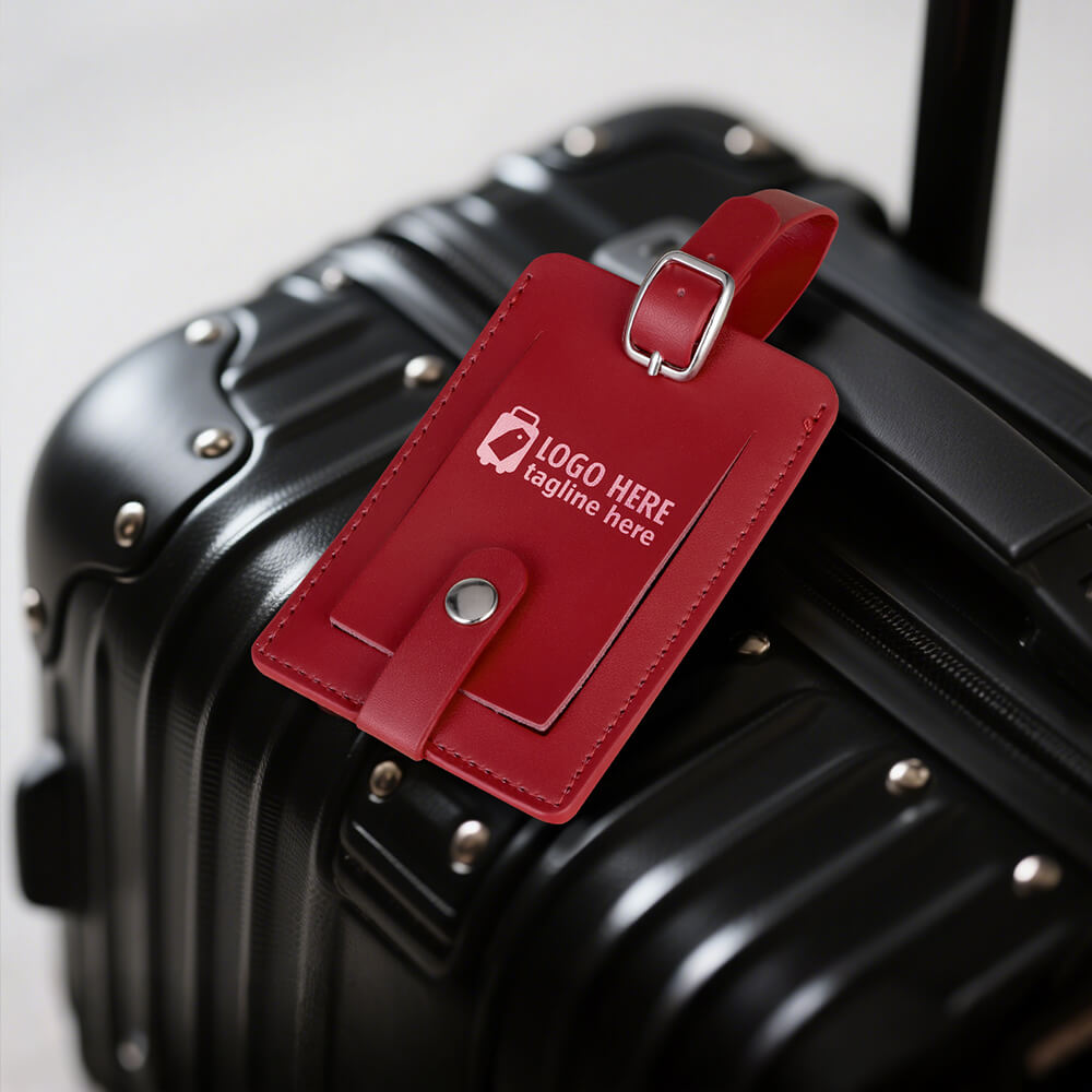 Lifestyle shot of Elegant Leather Luggage Tags with A Classic Buckle Strap