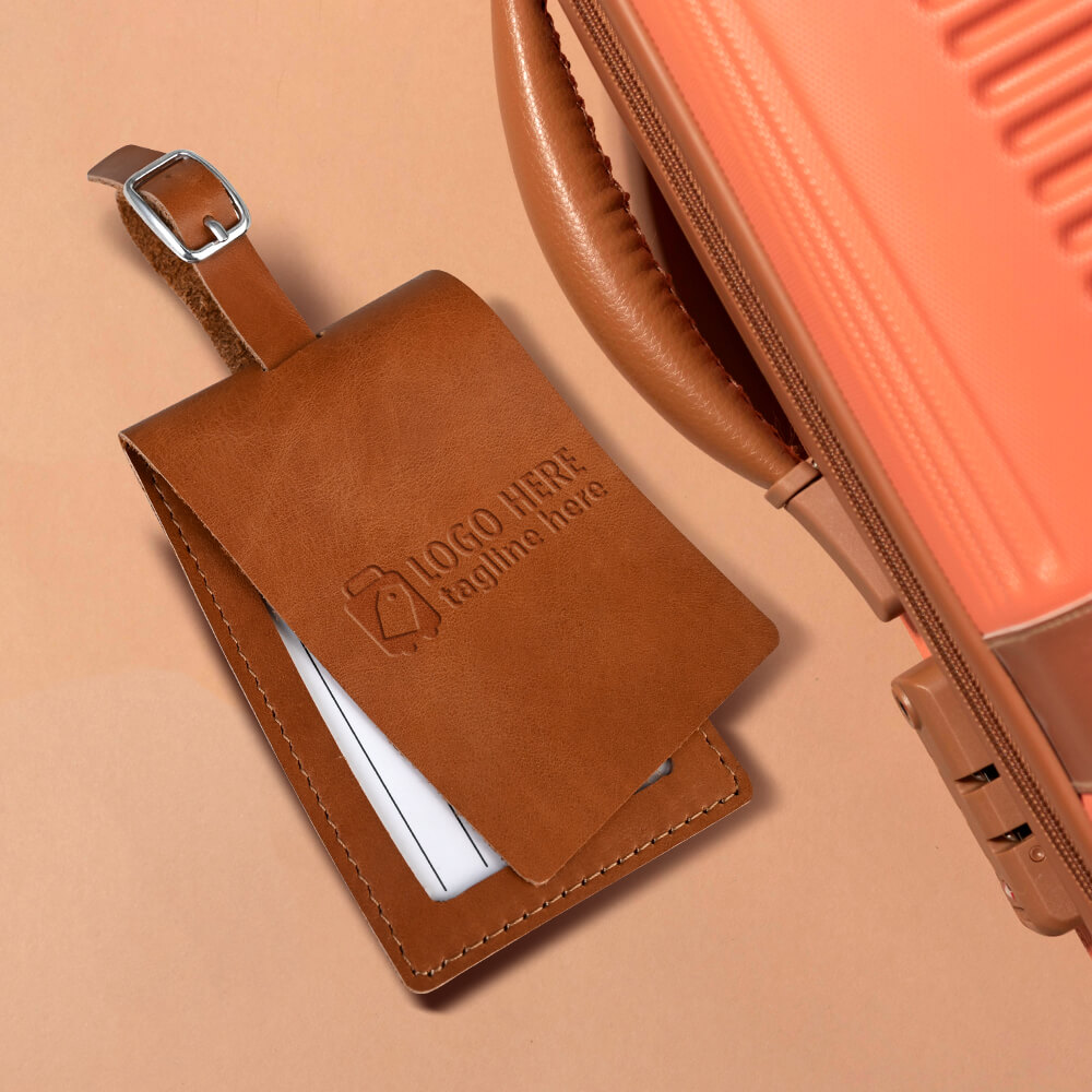 Lifestyle shot of High-End Folding Genuine Leather Travel Tag