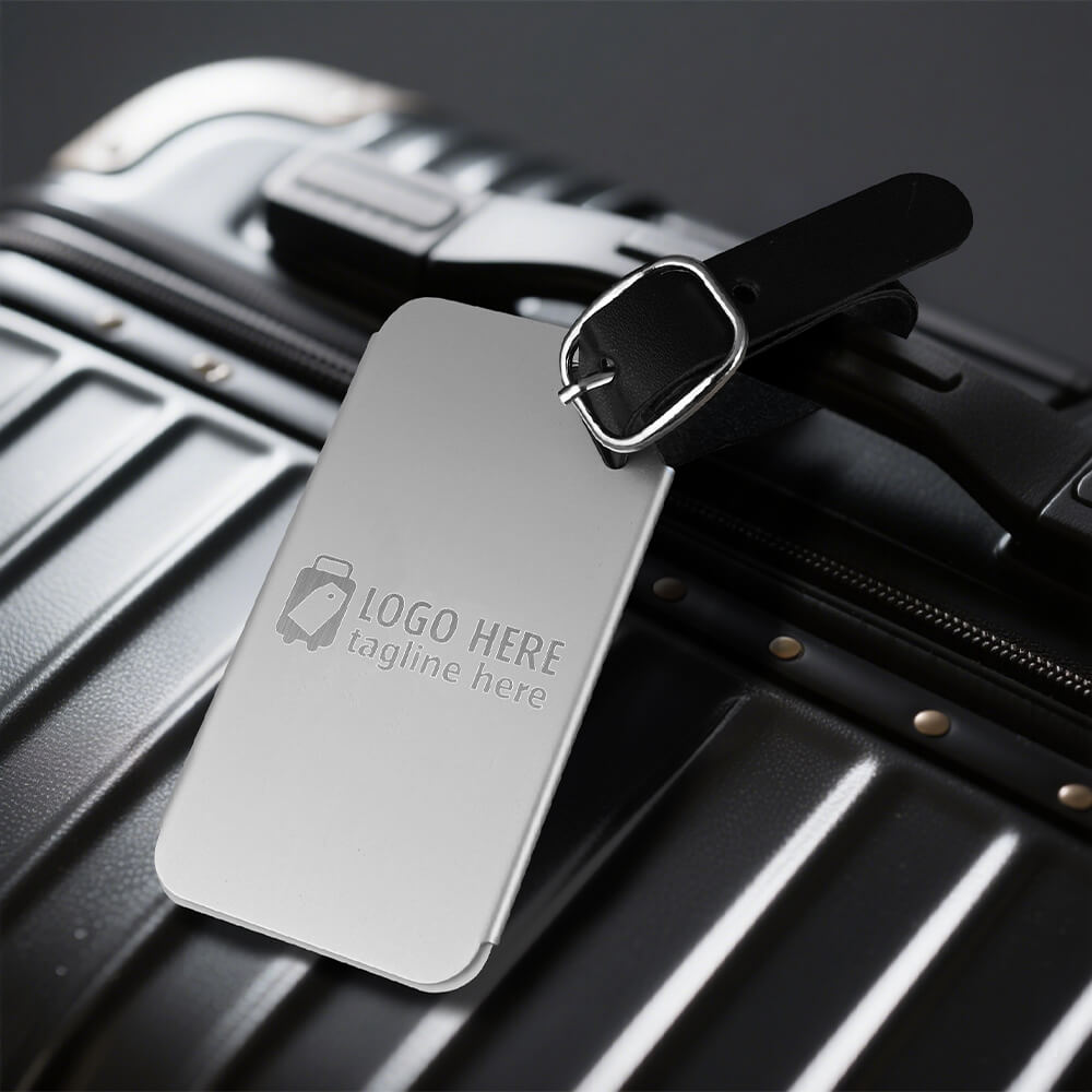 Lifestyle shot of Metal Custom Luggage Tags With PU Leather Strap with logo