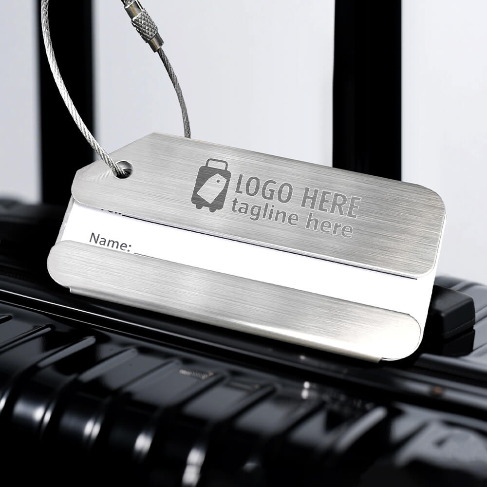 Lifestyle shot of Sleek Silver Luggage Tag Lifestyle shot of Sleek Silver Luggage Tag