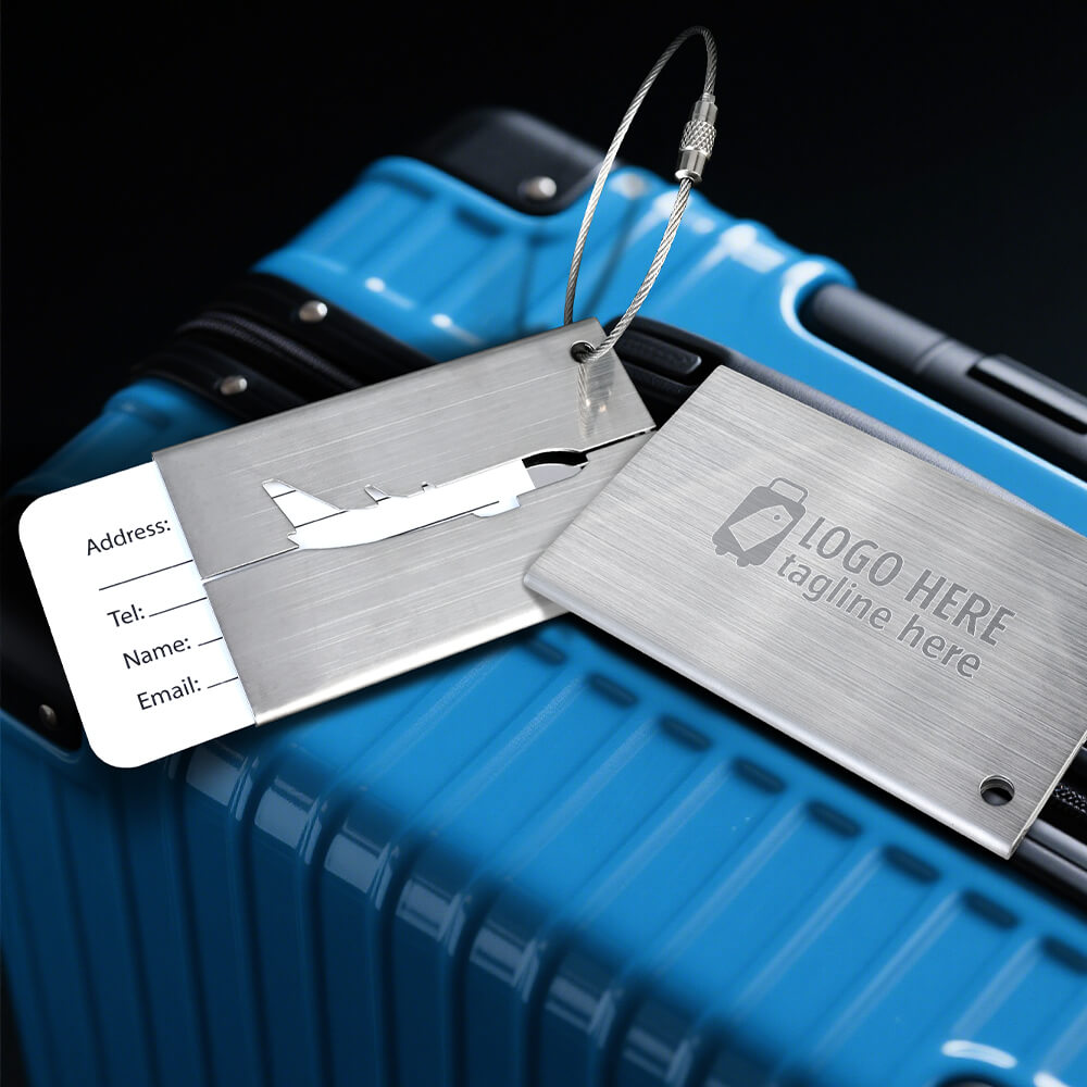 Lifestyle shot of Stainless Steel Luggage Tags Card Holders with Iron Rings