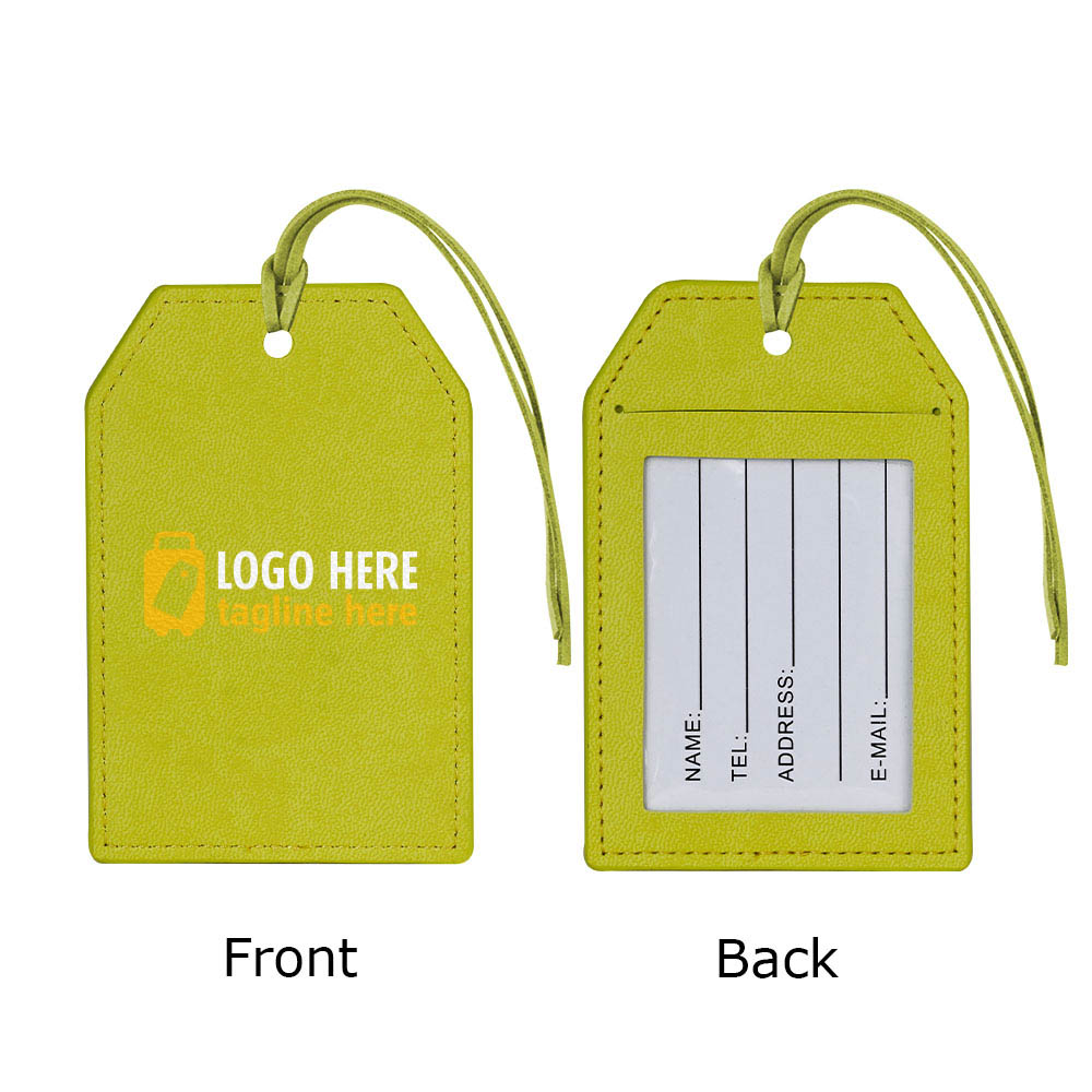 Creatieve bagagelabels met touwtje, groen en logo