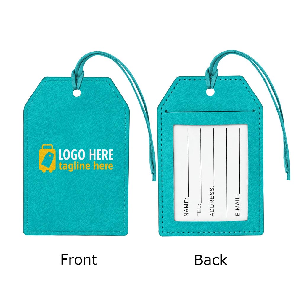 Creatieve bagagelabels met touwtje, lichtblauw met logo