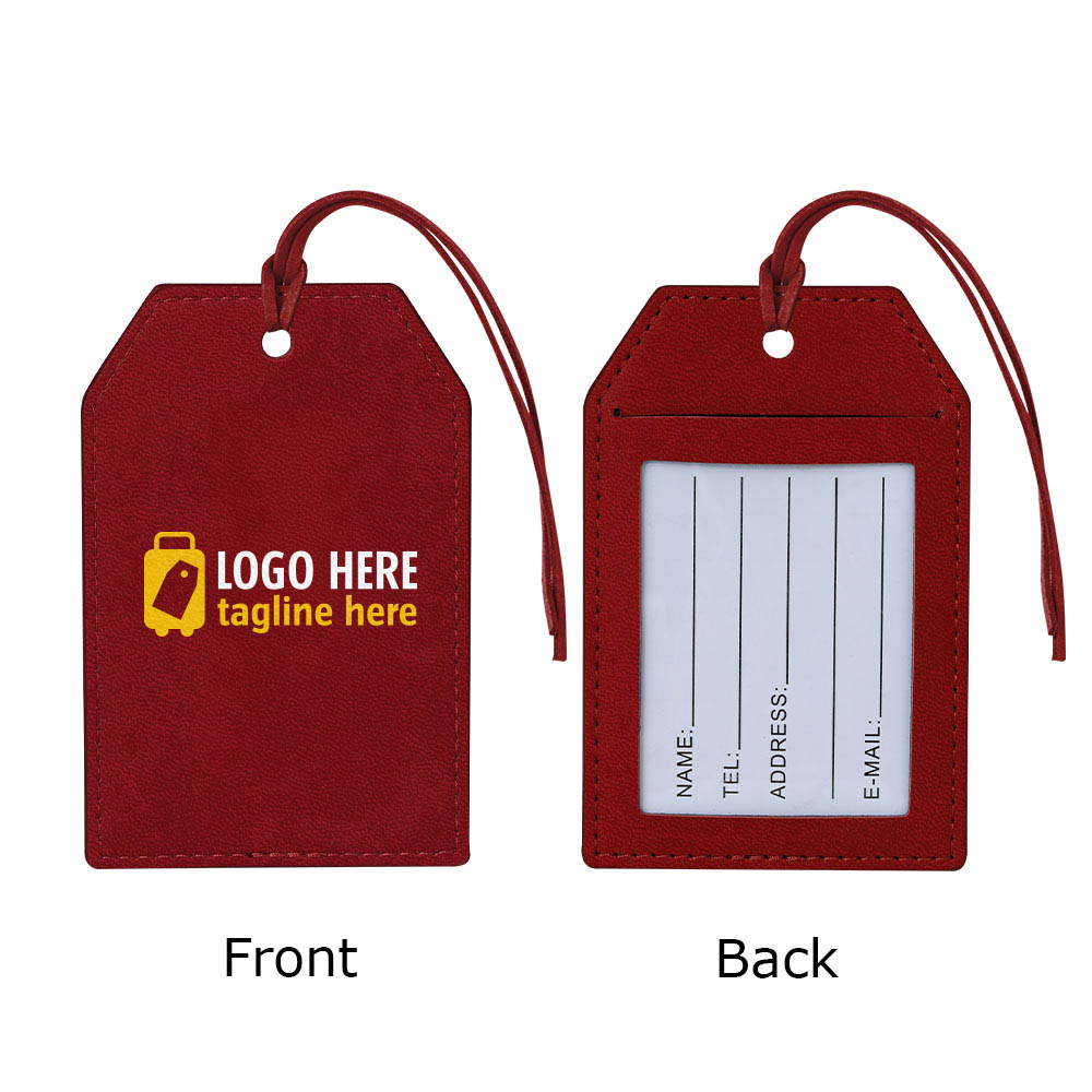 Creatieve bagagelabels met touwtjes, rood en met logo