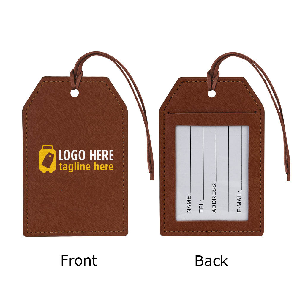 Creatieve bagagelabels met touwtjes, roodbruin met logo