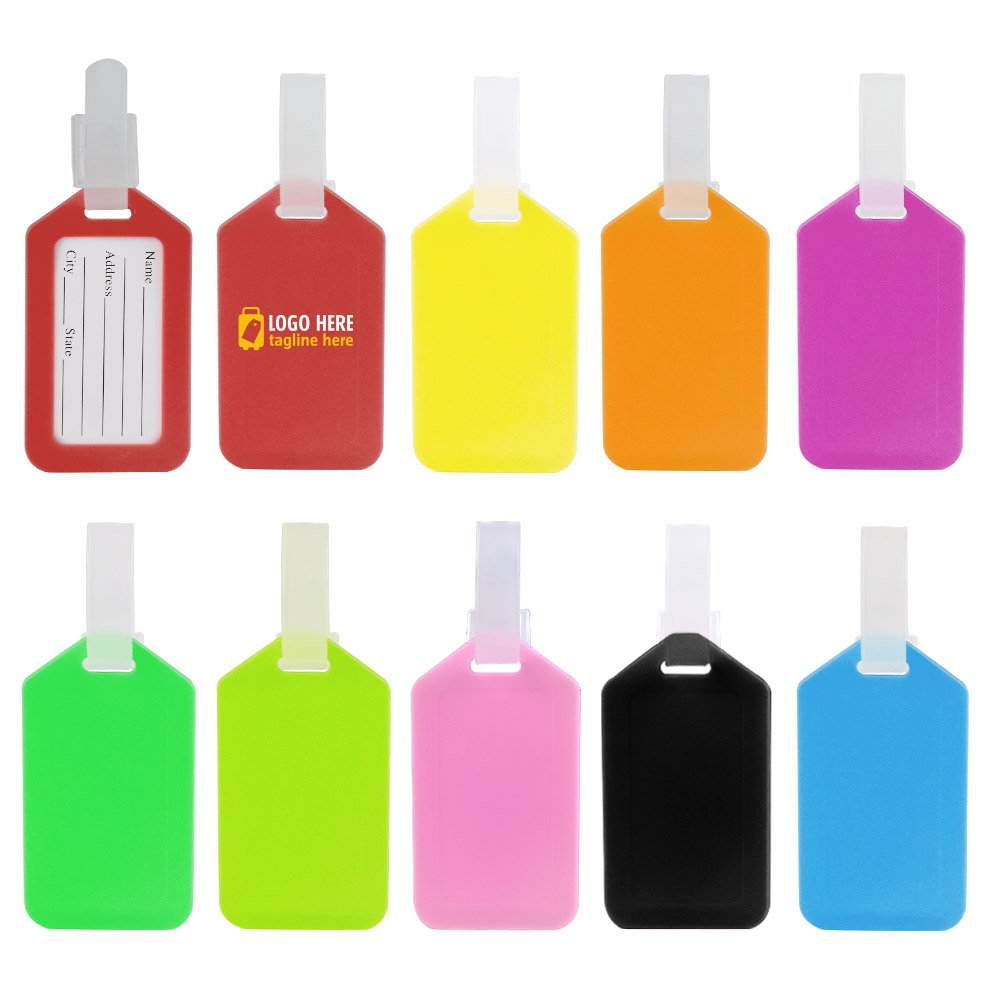 hoofdafbeelding van kleurrijke plastic bagagelabels met logo