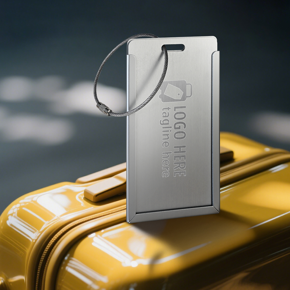 Lifestyle shot of Sleek Aluminum Luggage Tag