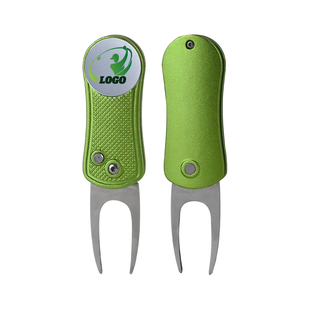 Magnetic Folding Golf Divot Tool with Ball Marker Lime Green with Logo Both Sides Magnetic Folding Golf Divot Tool with Ball Marker Lime Green with Logo Both Sides