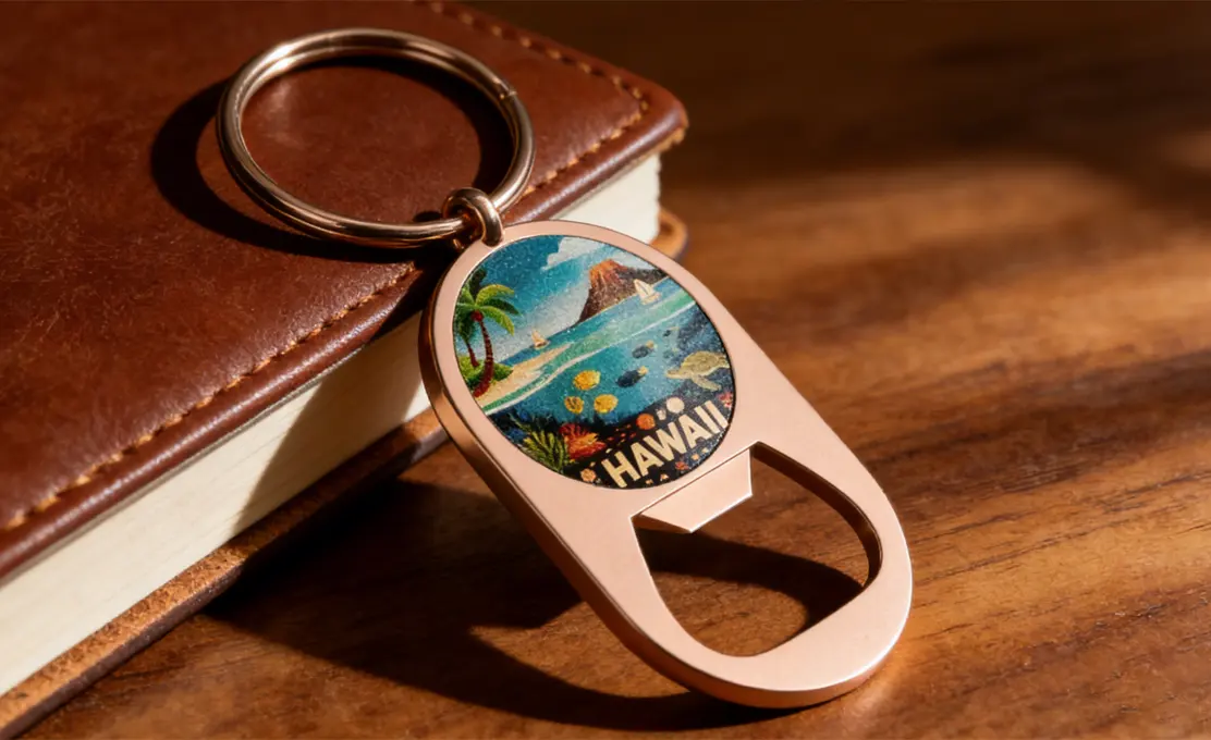 Personalized Bottle Opener Keychains with shiny copper finish