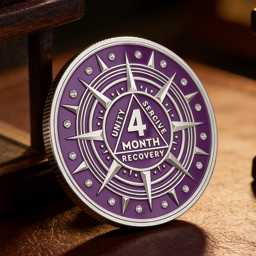 Purple 4 Month Sobriety Coin Compass Design