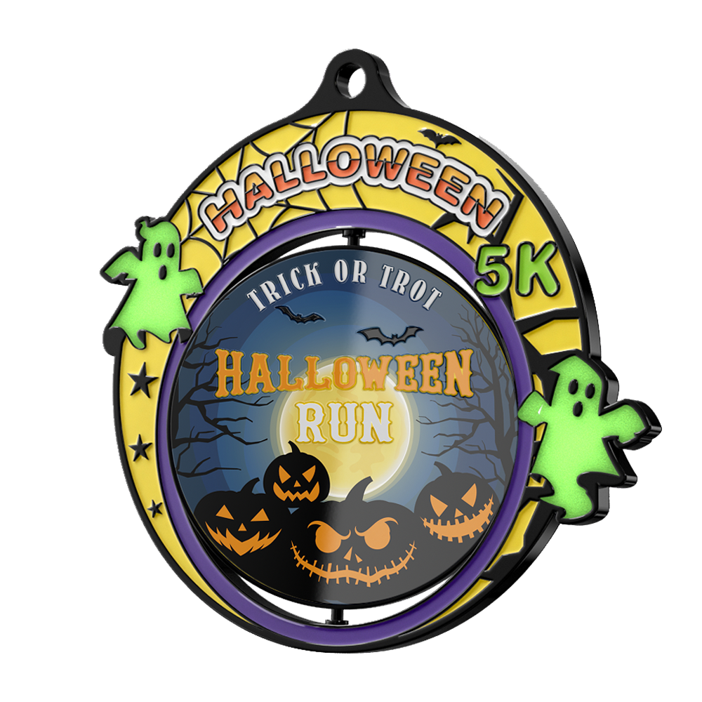 Spinning Halloween 5K Run Custom Medal detail