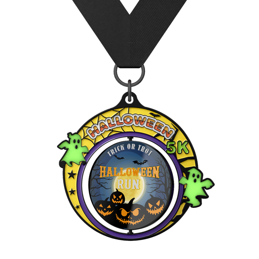 Spinning Halloween 5K Run Custom Medal with ribbon