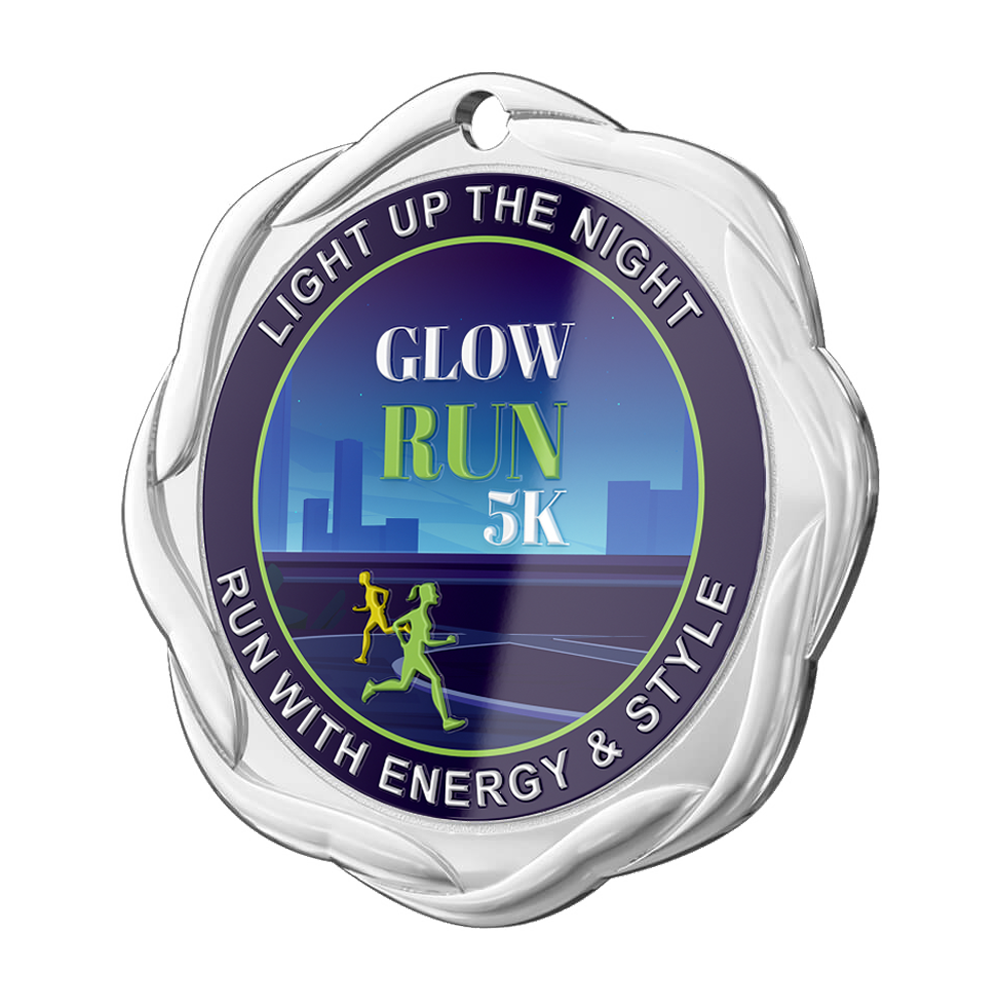 Custom UV Printed Glow Run 5K Medal detail