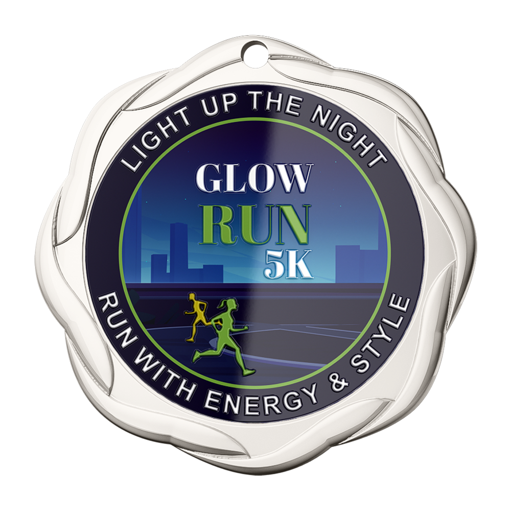 Custom UV Printed Glow Run 5K Medal font