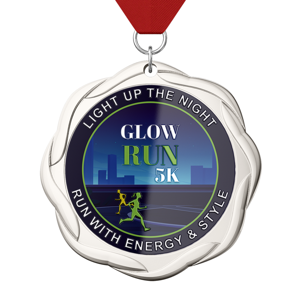 Custom UV Printed Glow Run 5K Medal with ribbon