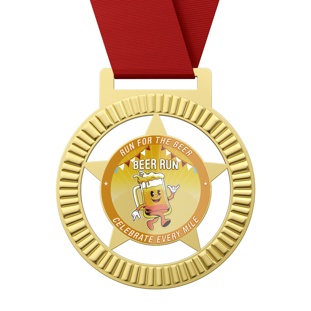 Star Cutout Beer Run Custom Medal with ribbon