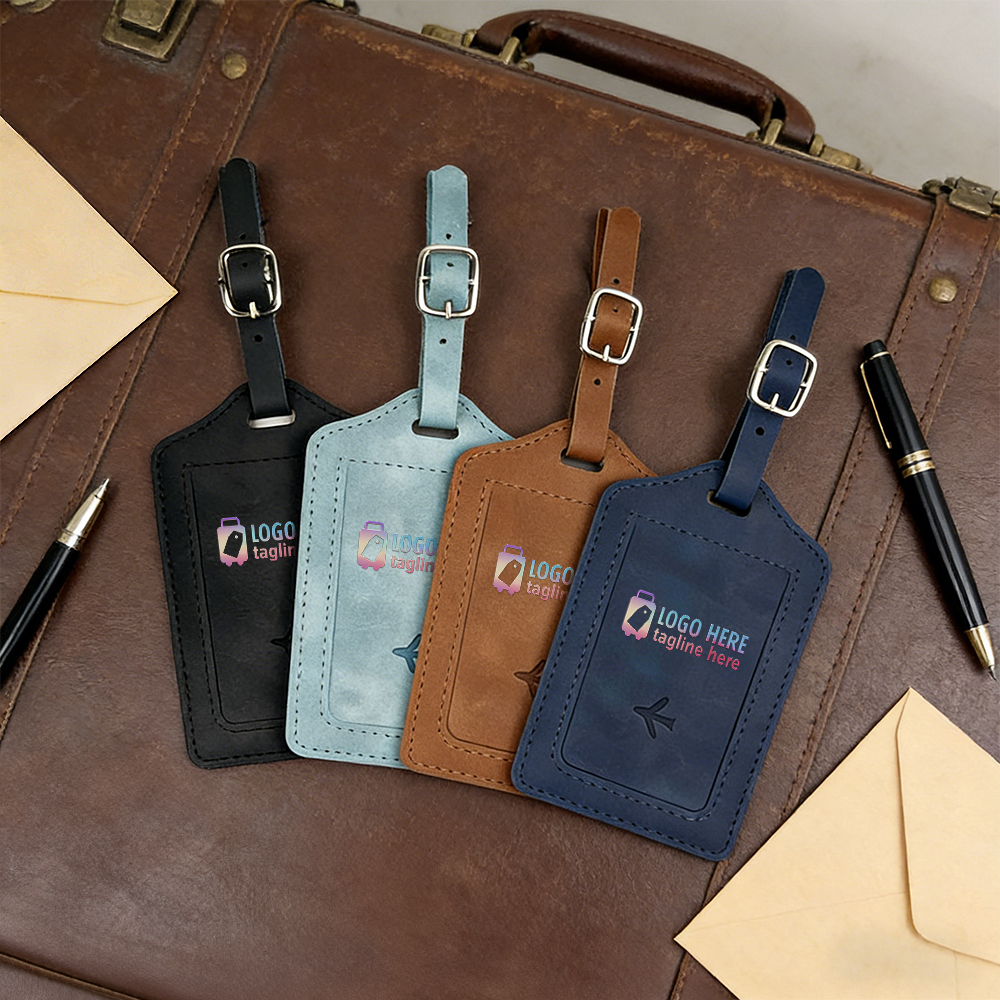 Lifestyle shot of Custom PU Leather Luggage Tags with UV Printed Logo Lifestyle shot of Custom PU Leather Luggage Tags with UV Printed Logo