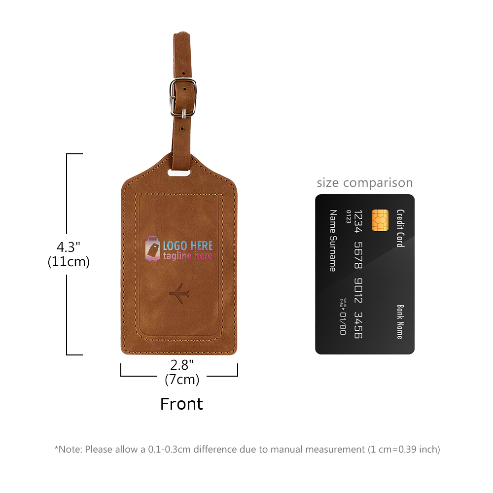 Scale shot of Custom PU Leather Luggage Tags with UV Printed Logo Scale shot of Custom PU Leather Luggage Tags with UV Printed Logo