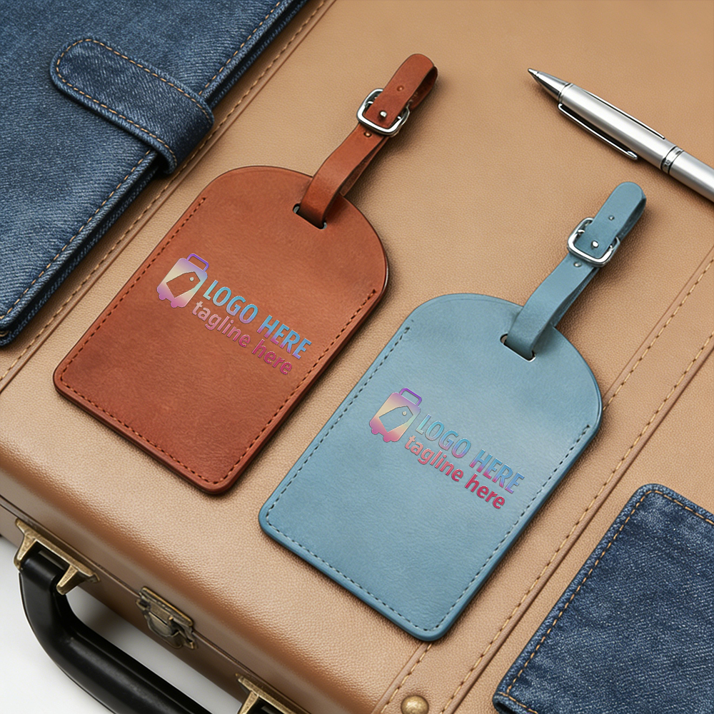 Lifestylefoto van gepersonaliseerde bagagelabels van premium PU-leer.