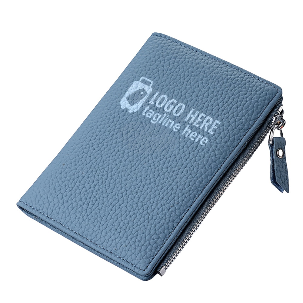 Long Full-Grain Leather Passport Wallet Blue With Logo