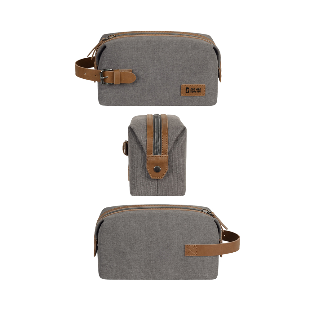 Detail shot of Portable Canvas Travel Toiletry Bag (Leather Patch) Detail shot of Portable Canvas Travel Toiletry Bag (Leather Patch)