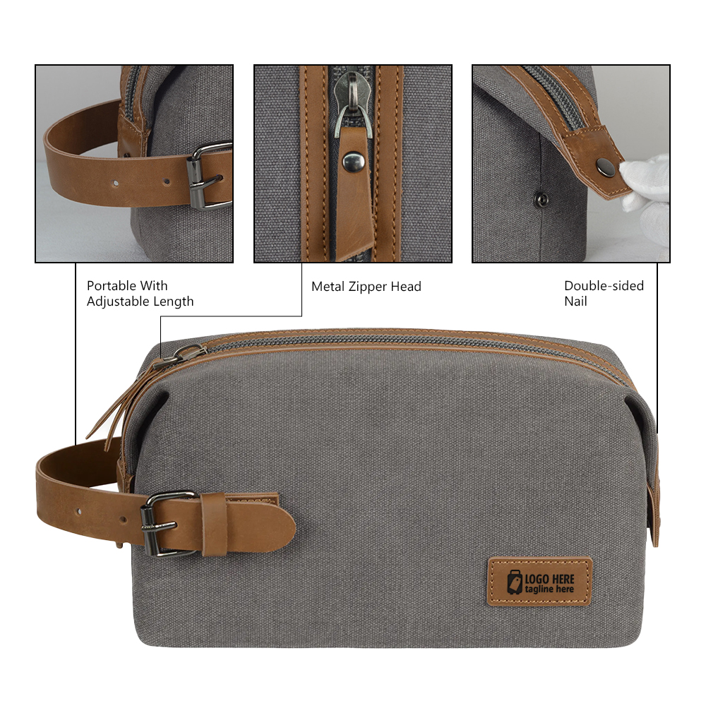 Detail shot of Portable Canvas Travel Toiletry Bag (Leather Patch) (2) Detail shot of Portable Canvas Travel Toiletry Bag (Leather Patch) (2)
