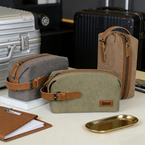 Portable Canvas Travel Toiletry Bag (Leather Patch)