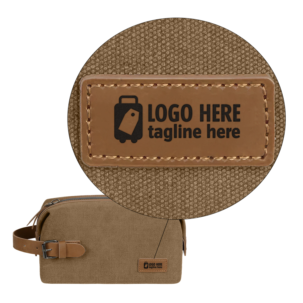 Portable Canvas Travel Toiletry Bag (Leather Patch) Brown With Logo