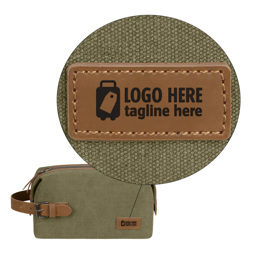 Portable Canvas Travel Toiletry Bag (Leather Patch) Olive Green With Logo