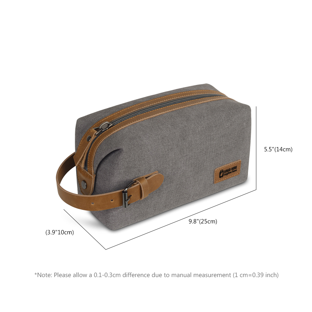 Scale shot of Portable Canvas Travel Toiletry Bag (Leather Patch) Scale shot of Portable Canvas Travel Toiletry Bag (Leather Patch)