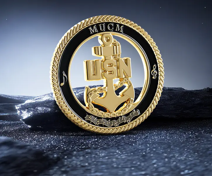 Custom Cutout Gold Rope Edge Navy Challenge Coin