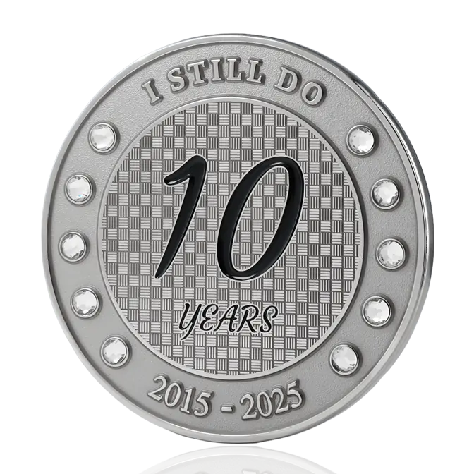 "I Still Do" 10th Anniversary Silver Rhinestone Challenge Coin