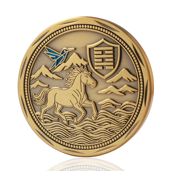 Majestic Horse & Hummingbird Landscape Antique Gold Challenge Coin