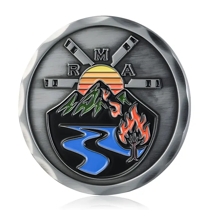 RMA Mountain Sunset Fire & River Spur Edge Challenge Coin