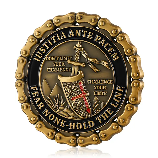 "Iustitia Ante Pacem" Knight's Sword Bike Chain Edge Challenge Coin