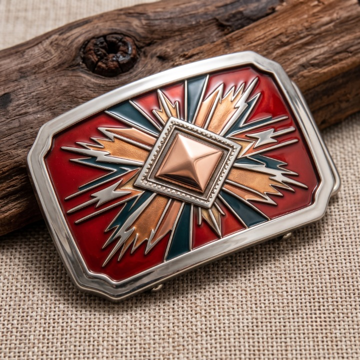 Red Enamel Radiant Pyramid Southwest Western Belt Buckle