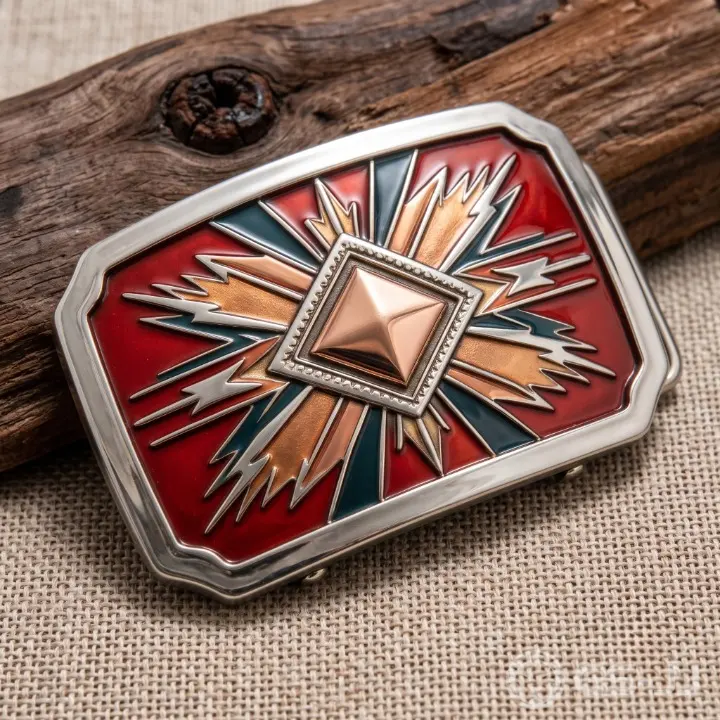 Red Enamel Radiant Pyramid Southwest Western Belt Buckle Red Enamel Radiant Pyramid Southwest Western Belt Buckle