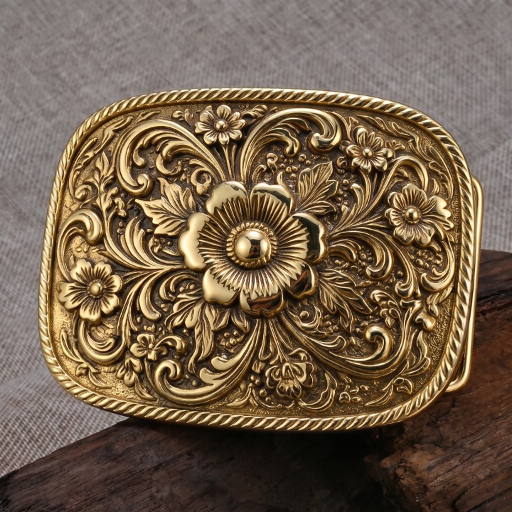 Gold Large Floral Rectangle Belt Buckles for Women
