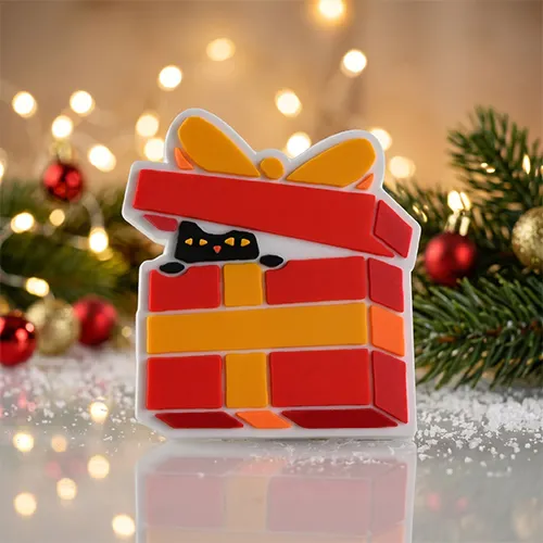 Glow-in-the-Dark Hiding Cat Christmas Present PVC Shoe Charm Glow-in-the-Dark Hiding Cat Christmas Present PVC Shoe Charm