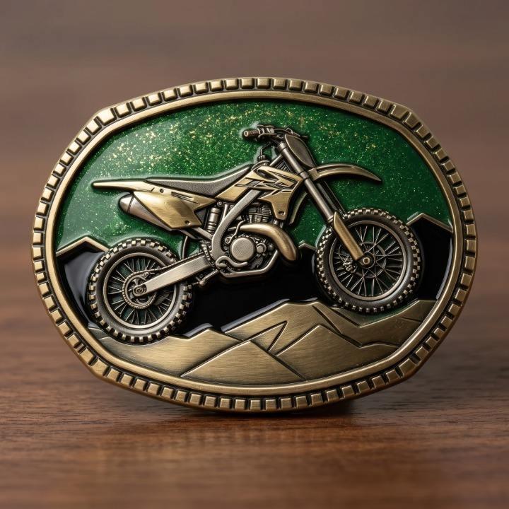 Green Glitter Mountain Dirt Bike Motorcycle Belt Buckle